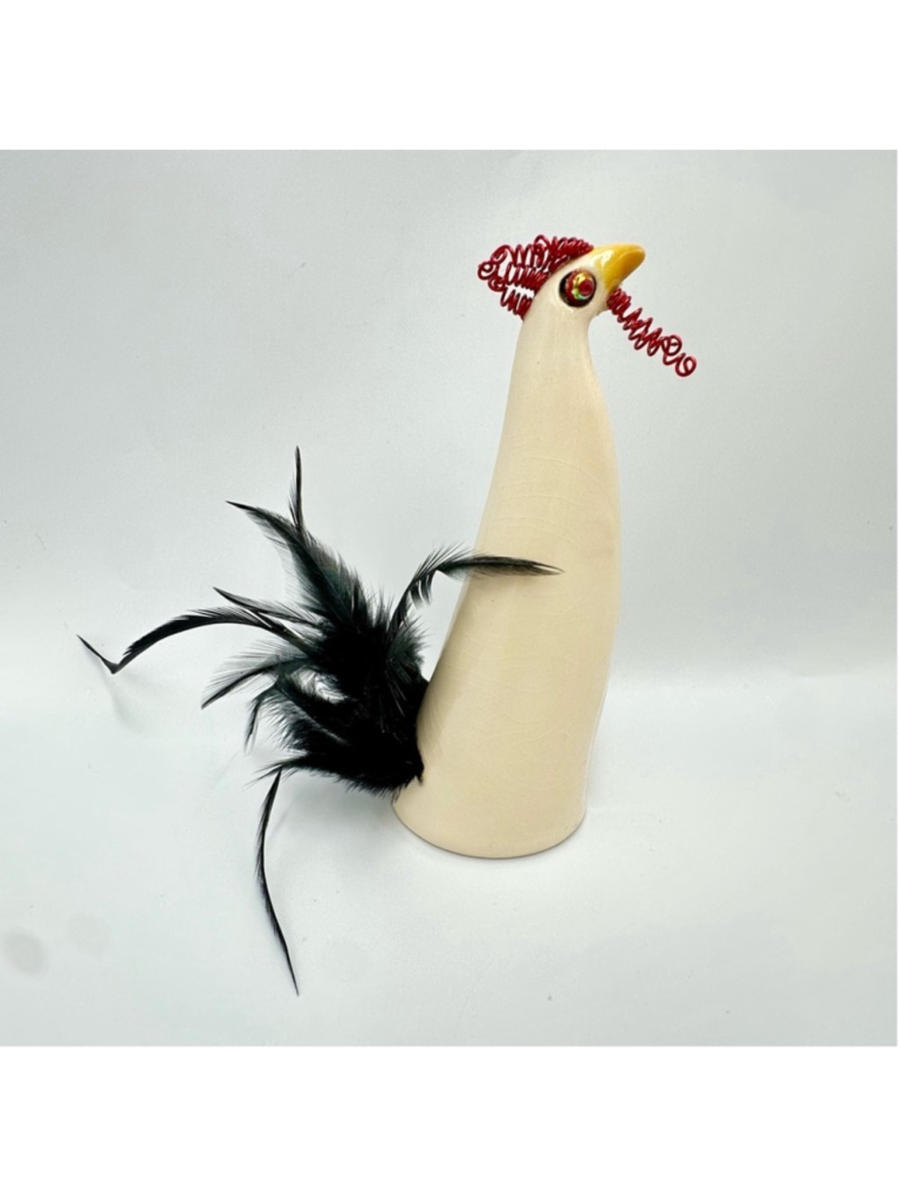 Unique Handmade Ceramic Rooster with Feathers Farmhouse Decor